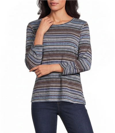 Intro Petite Size Jersey Knit Yarn Dye Stripe Crew Neck Long Sleeve Top