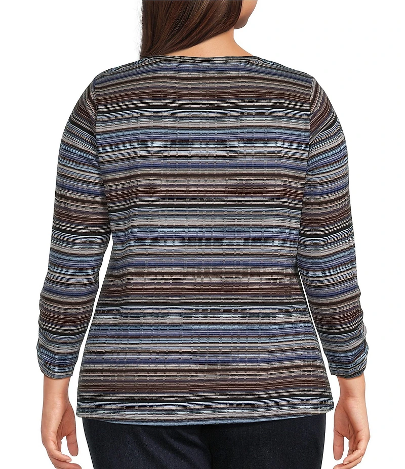 Intro Plus Size Jersey Knit Yarn Dye Stripe Crew Neck 3/4 Sleeve Top