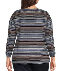 Intro Plus Size Jersey Knit Yarn Dye Stripe Crew Neck 3/4 Sleeve Top