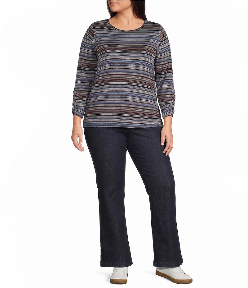 Intro Plus Size Jersey Knit Yarn Dye Stripe Crew Neck 3/4 Sleeve Top