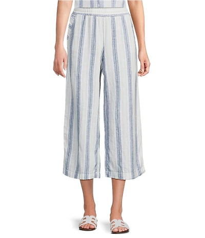 Intro Petite Size Kalani Linen Blend Coordinating Straight Leg Stripe Pull-On Capri Denim Pants