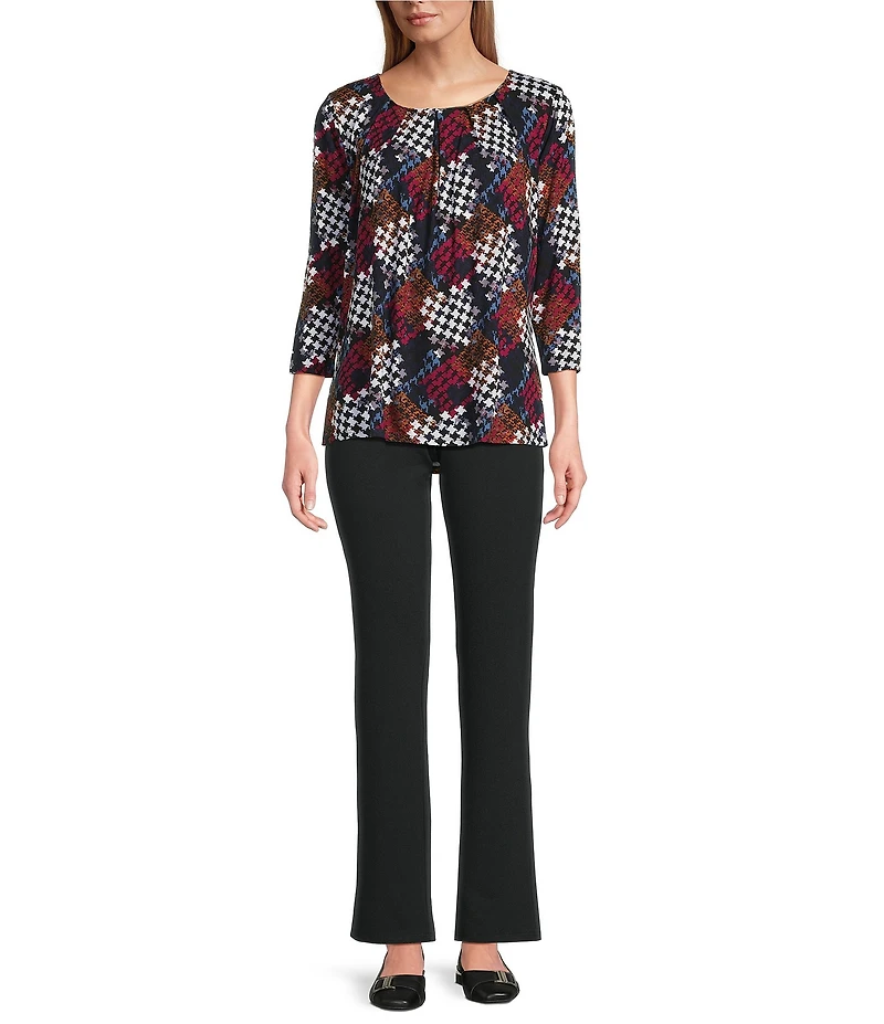 Intro Petite Size Knit Jersey 3/4 Sleeve Pleated Neck Tee