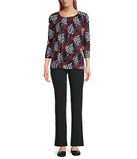 Intro Petite Size Knit Jersey 3/4 Sleeve Pleated Neck Tee