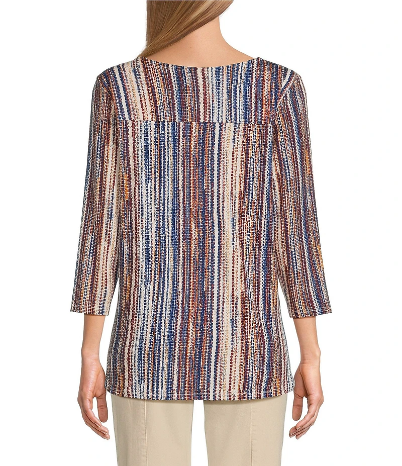 Intro Petite Size Knit Jersey Abstract Stripe 3/4 Sleeve Pleated Neck Tee