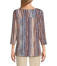 Intro Petite Size Knit Jersey Abstract Stripe 3/4 Sleeve Pleated Neck Tee