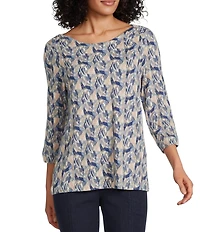 Intro Petite Size Knit Jersey Classic Khaki Abstract Print Boat Neck 3/4 Sleeve Tee