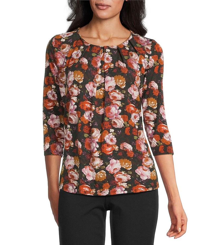 Intro Petite Size Knit Jersey Fudge Rose Print 3/4 Sleeve Pleated Neck Tee