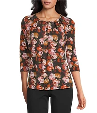 Intro Petite Size Knit Jersey Fudge Rose Print 3/4 Sleeve Pleated Neck Tee