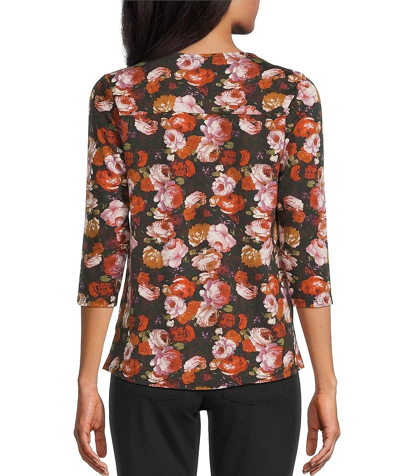 Intro Petite Size Knit Jersey Fudge Rose Print 3/4 Sleeve Pleated Neck Tee