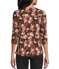 Intro Petite Size Knit Jersey Fudge Rose Print 3/4 Sleeve Pleated Neck Tee