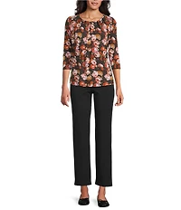 Intro Petite Size Knit Jersey Fudge Rose Print 3/4 Sleeve Pleated Neck Tee
