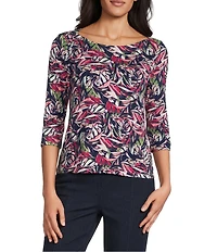 Intro Petite Size Knit Jersey Ink Floral Print Boat Neck 3/4 Sleeve Tee
