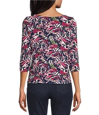 Intro Petite Size Knit Jersey Ink Floral Print Boat Neck 3/4 Sleeve Tee