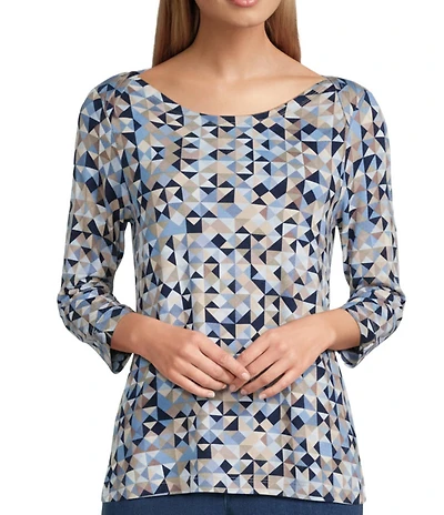 Intro Petite Size Knit Jersey Ink Geometric Print Boat Neck 3/4 Sleeve Tee