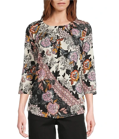 Intro Petite Size Knit Jersey Patch Floral Print 3/4 Sleeve Pleated Neck Tee