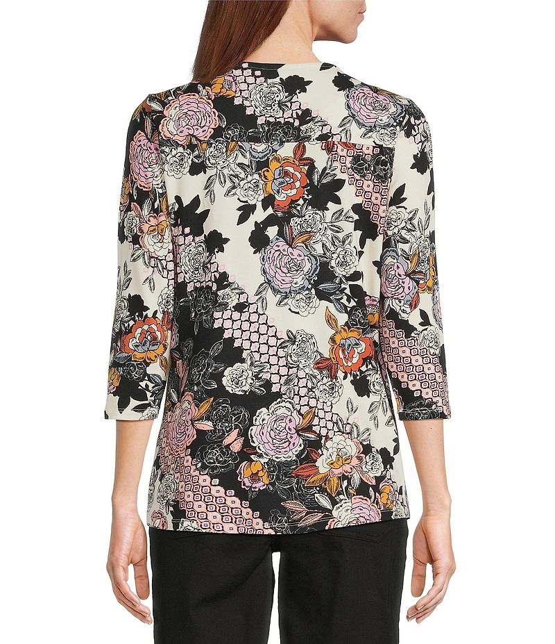 Intro Petite Size Knit Jersey Patch Floral Print 3/4 Sleeve Pleated Neck Tee