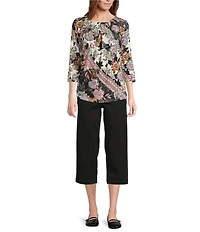 Intro Petite Size Knit Jersey Patch Floral Print 3/4 Sleeve Pleated Neck Tee