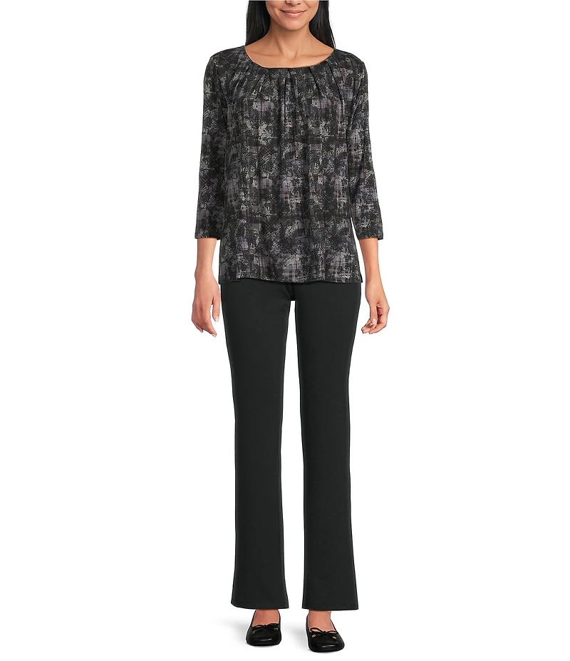 Intro Petite Size Knit Jersey Plaid Paisley Print 3/4 Sleeve Pleated Neck Tee