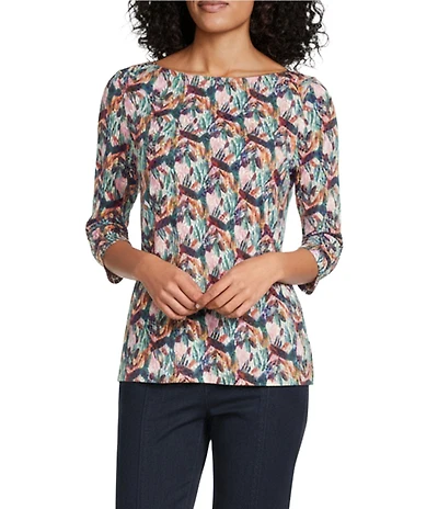 Intro Petite Size Knit Jersey Teal Geometric Print Boat Neck 3/4 Sleeve Tee