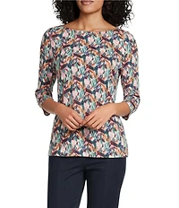 Intro Petite Size Knit Jersey Teal Geometric Print Boat Neck 3/4 Sleeve Tee