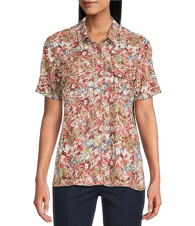 Petite Size Allover Floral Print Coordinating Linen-Blend Elbow Sleeve Camp Shirt