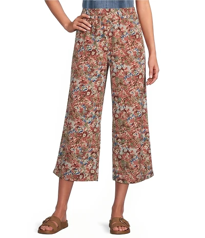 Intro Petite Size Allover Floral Print Coordinating Linen-Blend Pull-On Capri Pants