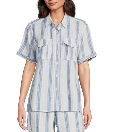 Intro Petite Size Linen Blend Coordinating Stripe Point Collar Elbow Sleeve Button-Front Camp Shirt