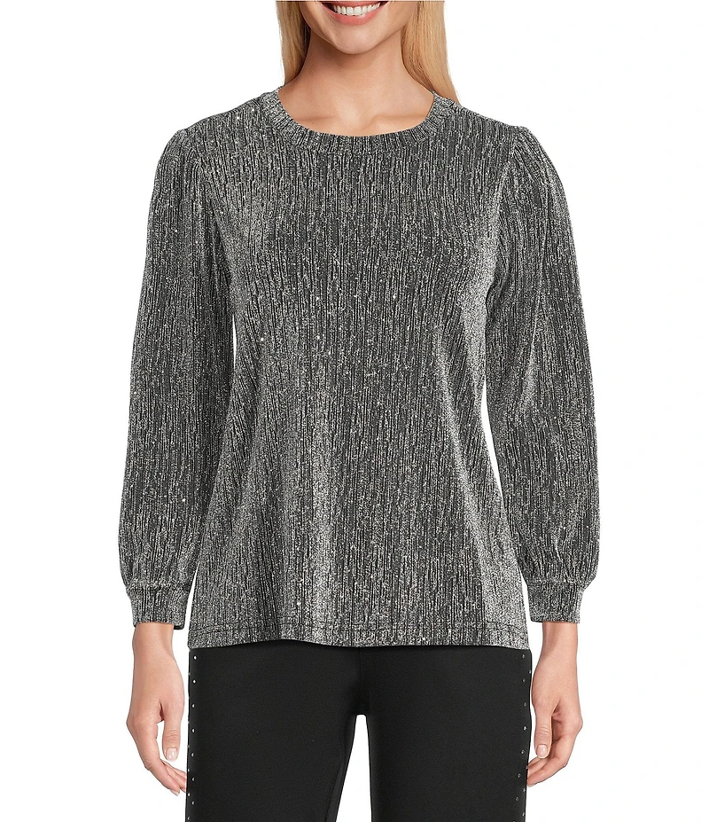 Intro Petite Size Lurex Knit Metallic Crew Neck Bracelet Length Poet Sleeve Top