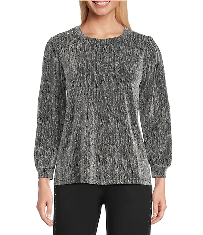 Intro Petite Size Lurex Knit Metallic Crew Neck Bracelet Length Poet Sleeve Top