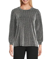 Intro Petite Size Lurex Knit Metallic Crew Neck Bracelet Length Poet Sleeve Top