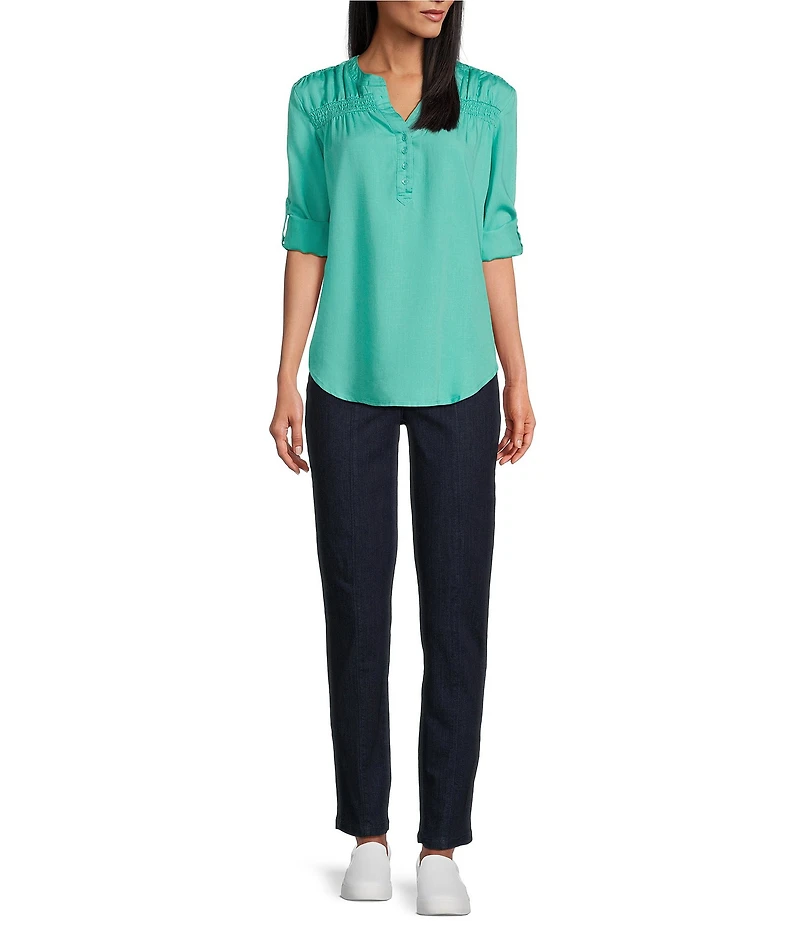 Intro Petite Size Lyocell Slub Long Roll-Tab Sleeve Shirred Popover Top