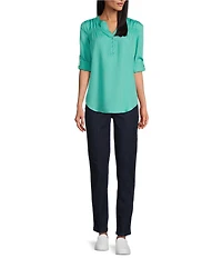 Intro Petite Size Lyocell Slub Long Roll-Tab Sleeve Shirred Popover Top
