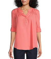 Intro Petite Size Lyocell Slub Long Roll-Tab Sleeve Shirred Popover Top