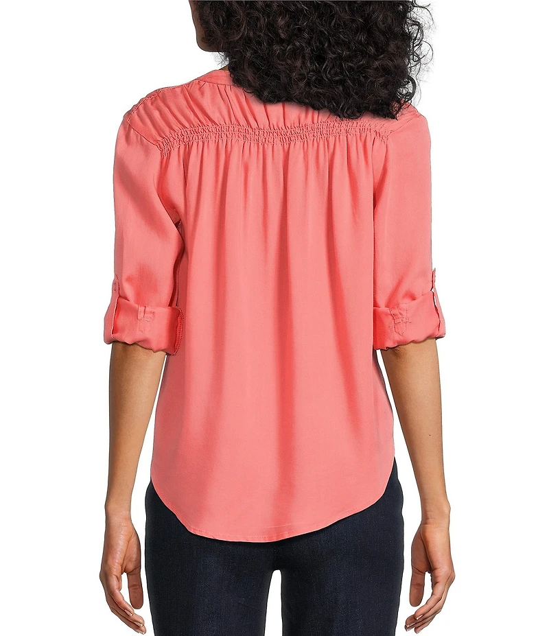 Intro Petite Size Lyocell Slub Long Roll-Tab Sleeve Shirred Popover Top
