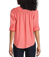 Intro Petite Size Lyocell Slub Long Roll-Tab Sleeve Shirred Popover Top