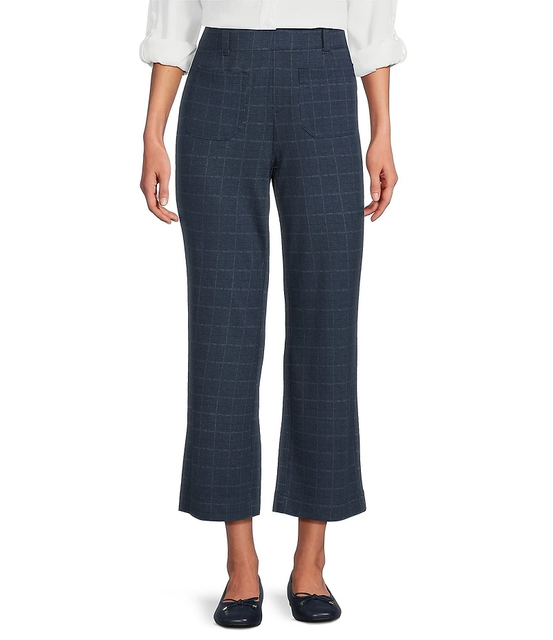 Intro Petite Size Mae Double Knit Plaid Print Pull-On Relaxed Cropped Pants