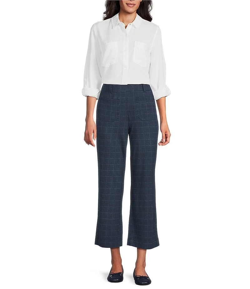 Intro Petite Size Mae Double Knit Plaid Print Pull-On Relaxed Cropped Pants