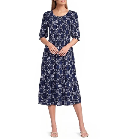 Intro Petite Size Medallion Print Knit Scoop Neck Elbow Sleeve Smocked Waist Tiered Dress