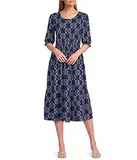 Intro Petite Size Medallion Print Knit Scoop Neck Elbow Sleeve Smocked Waist Tiered Dress
