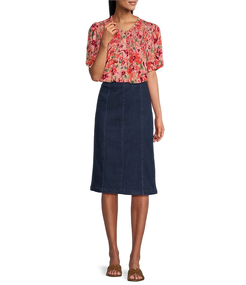 Intro Petite Size Nia Denim Tummy Control Waist Pull-On Pencil Skirt