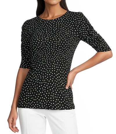 Intro Petite Size Polka Dot Knit Jersey Crew Neck Elbow Puff Sleeve Top