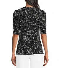 Intro Petite Size Polka Dot Knit Jersey Crew Neck Elbow Puff Sleeve Top