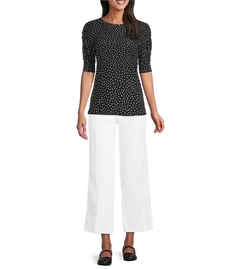 Intro Petite Size Polka Dot Knit Jersey Crew Neck Elbow Puff Sleeve Top