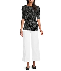 Intro Petite Size Polka Dot Knit Jersey Crew Neck Elbow Puff Sleeve Top