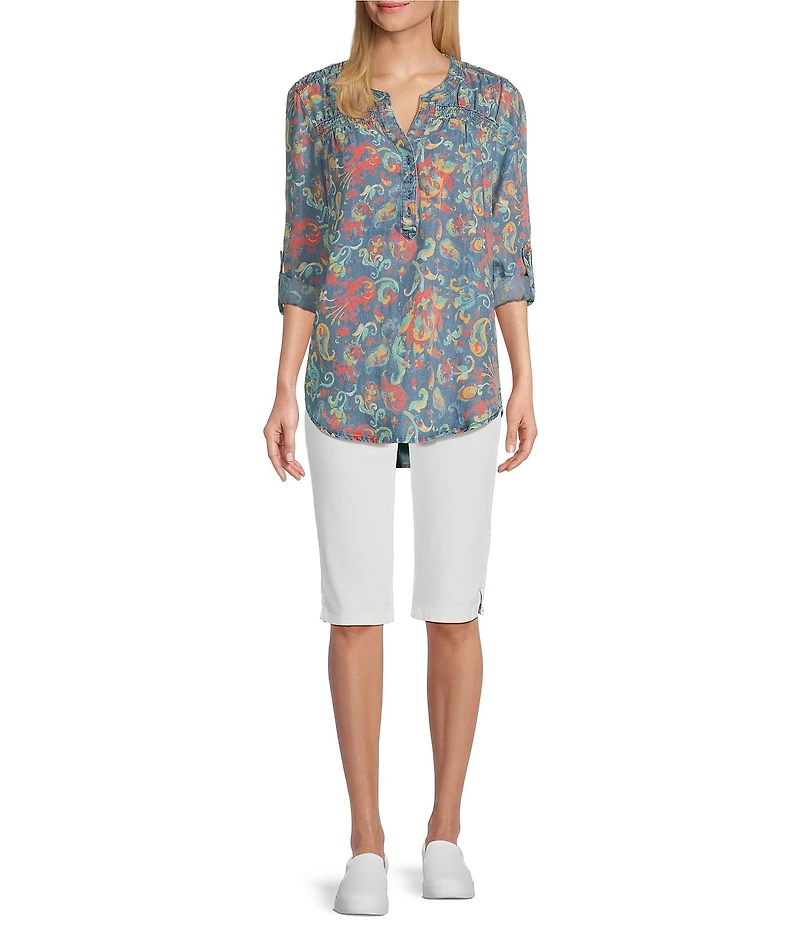 Intro Petite Size Rivet Trim Flower Skimmer Denim Pull-On Shorts