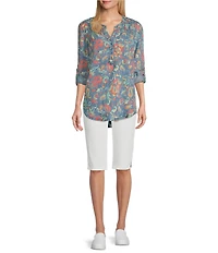 Intro Petite Size Rivet Trim Flower Skimmer Denim Pull-On Shorts