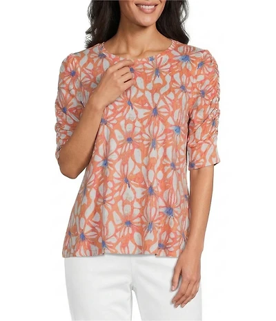 Intro Petite Size Shell Coral Knit Jersey Crew Neck Elbow Puff Sleeve Top