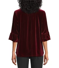 Intro Petite Size Silky Velvet Split V-Neck 3/4 Flounce Ruffle Sleeve Blouse