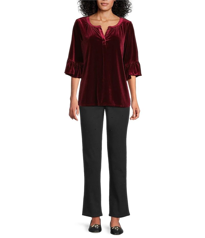 Intro Petite Size Silky Velvet Split V-Neck 3/4 Flounce Ruffle Sleeve Blouse