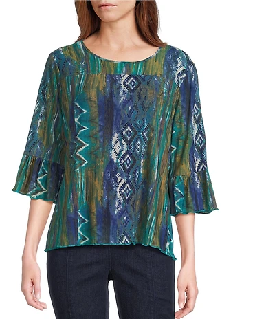 Intro Petite Size Soft Mesh Painted Ikat Print 3/4 Romantic Sleeve Top
